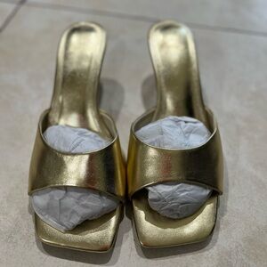 ASOS design wide fit hyped kitten heeled mules in gold